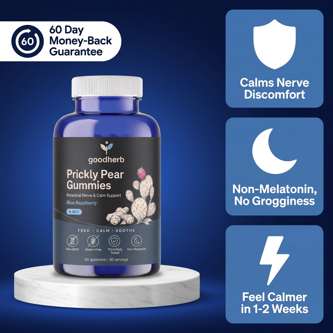 Goodherb Prickly Pear Gummies — 60 Day Money-Back Guarantee, Calms Nerve Discomfort, Non-Melatonin No Grogginess, Feel Calmer in 1-2 Weeks