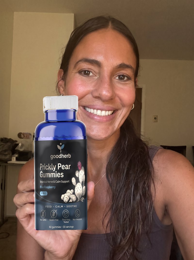 Emma J. holding Goodherb Prickly Pear Gummies