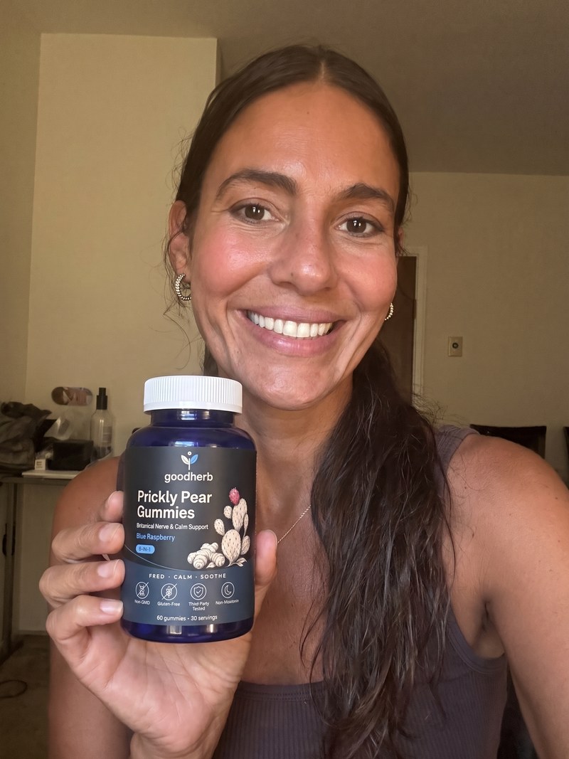 Emma J. holding Goodherb Prickly Pear Gummies