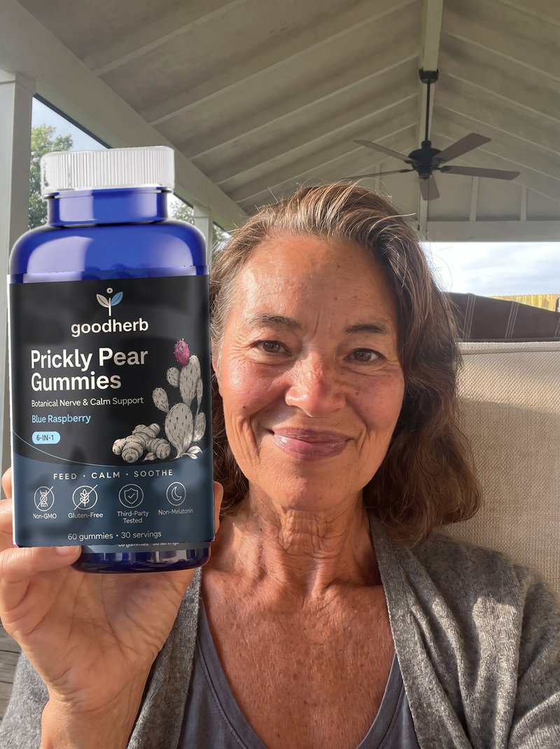 Karen H. holding Goodherb Prickly Pear Gummies