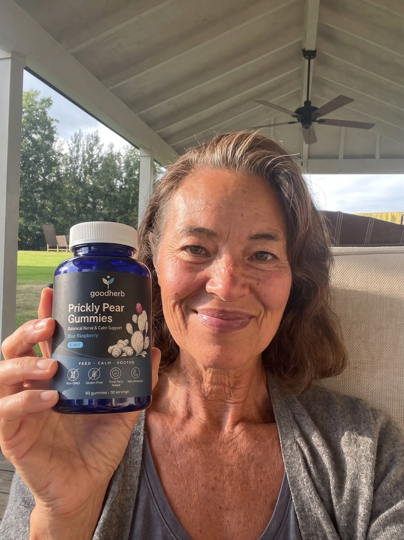 Karen H. holding Goodherb Prickly Pear Gummies