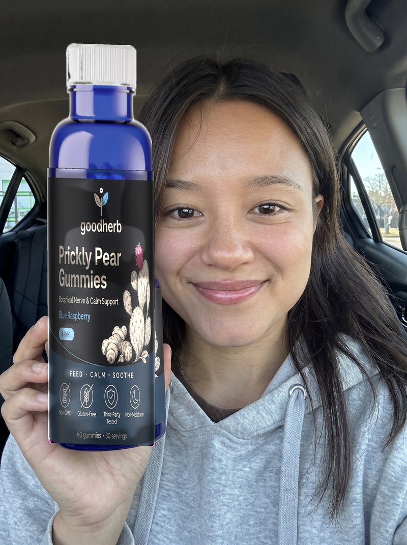 Kayla Z. holding Goodherb Prickly Pear Gummies