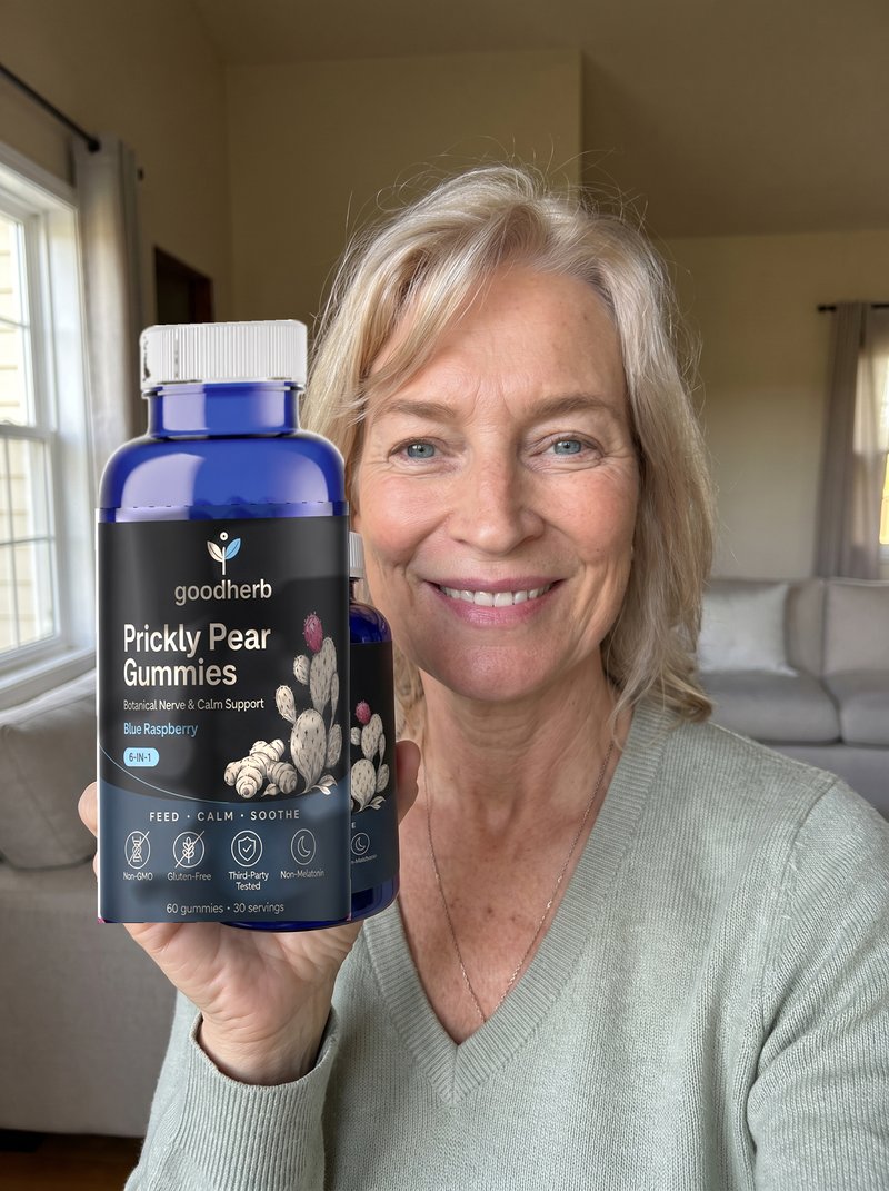 Linda R. holding Goodherb Prickly Pear Gummies
