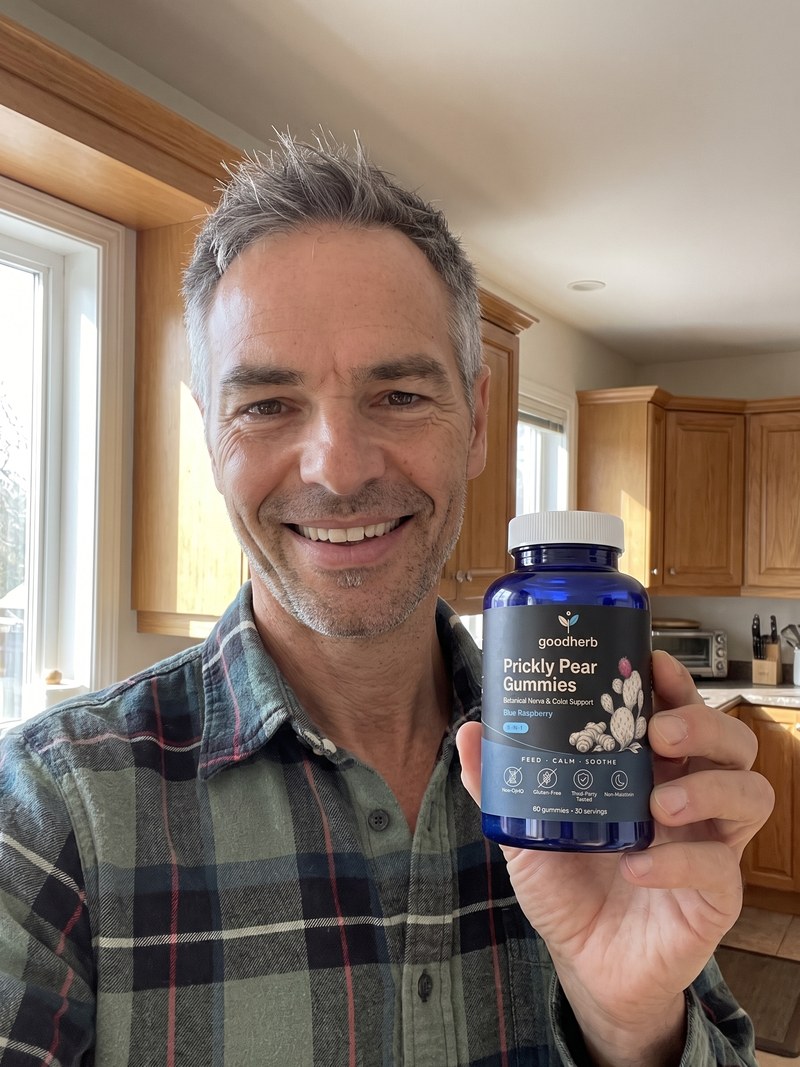 Robert M. holding Goodherb Prickly Pear Gummies