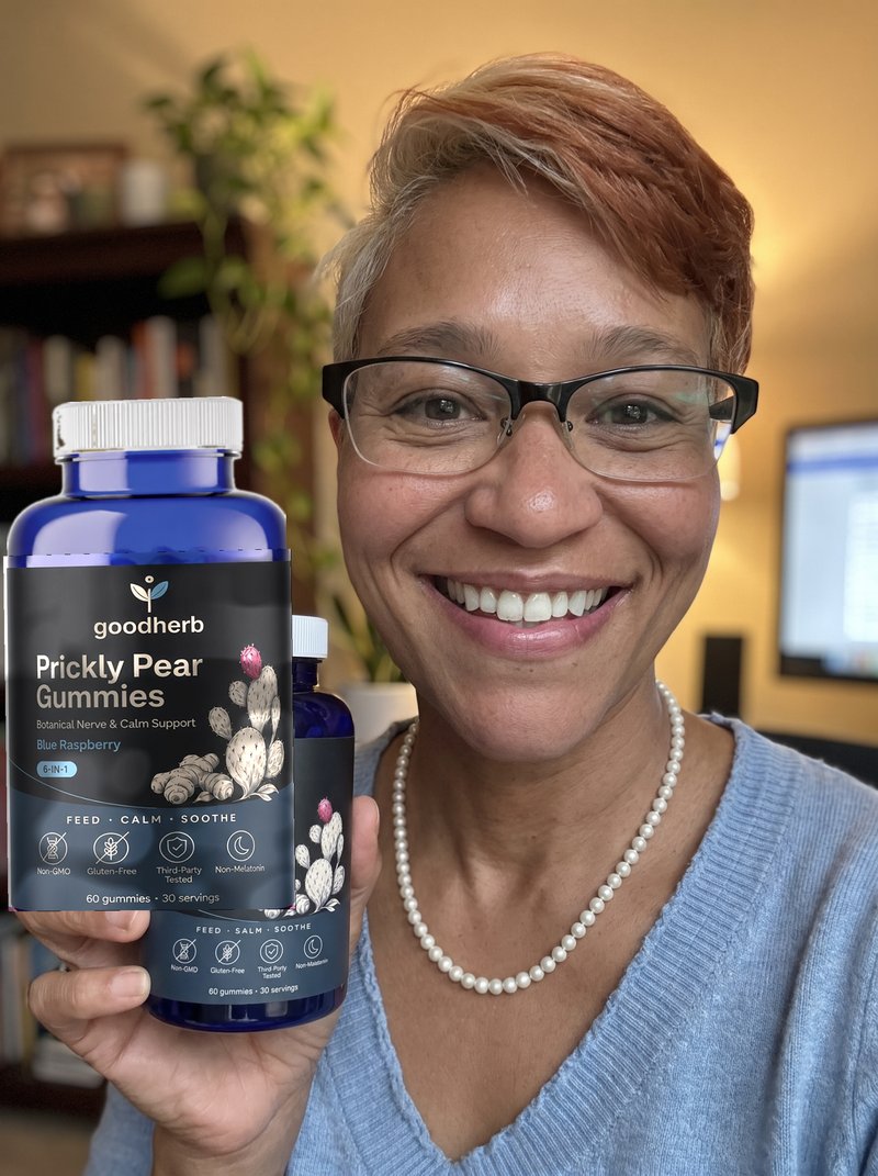 Susan L. holding Goodherb Prickly Pear Gummies